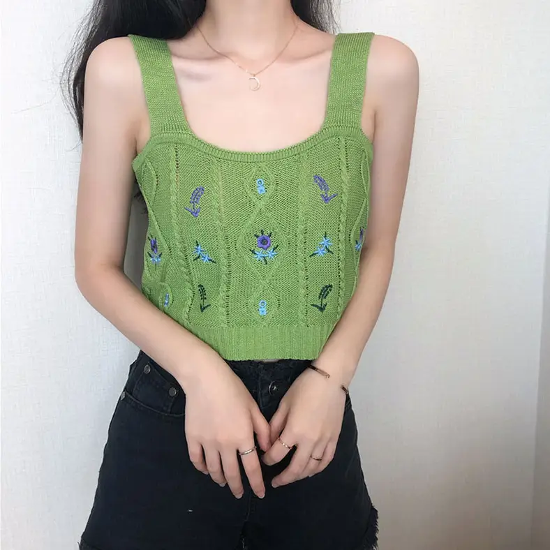 Women's Yellow Embroidered Knitted Camisole Short Top