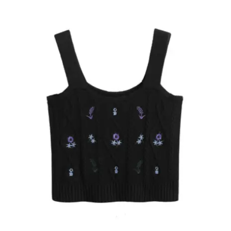 Women's Yellow Embroidered Knitted Camisole Short Top
