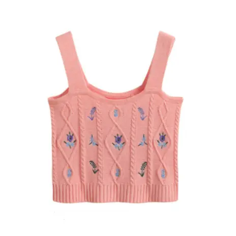 Women's Yellow Embroidered Knitted Camisole Short Top