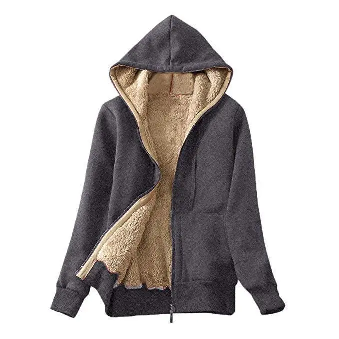 Women's Grey Hooded Plush Coat with Fleece Lining - Image 8