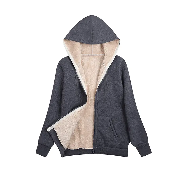 Women's Grey Hooded Plush Coat with Fleece Lining - Image 4