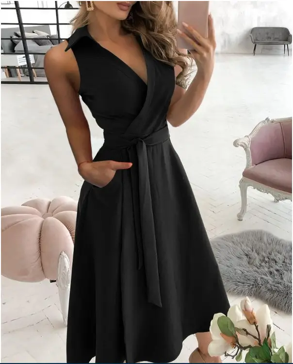 Blue Long Sleeve V-Collar Tie Belt Dress for Women - Image 5