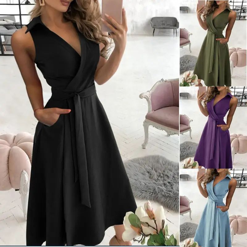 Blue Long Sleeve V-Collar Tie Belt Dress for Women - Image 6