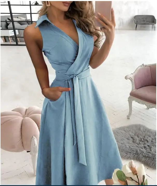 Blue Long Sleeve V-Collar Tie Belt Dress for Women - Image 7
