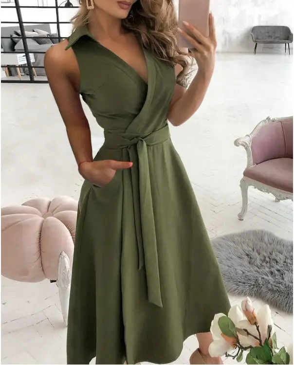 Blue Long Sleeve V-Collar Tie Belt Dress for Women - Image 8