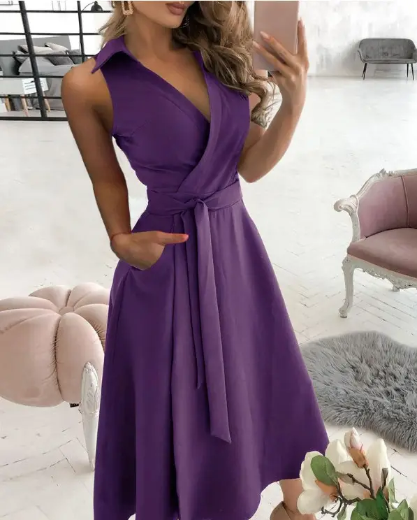 Blue Long Sleeve V-Collar Tie Belt Dress for Women - Image 9