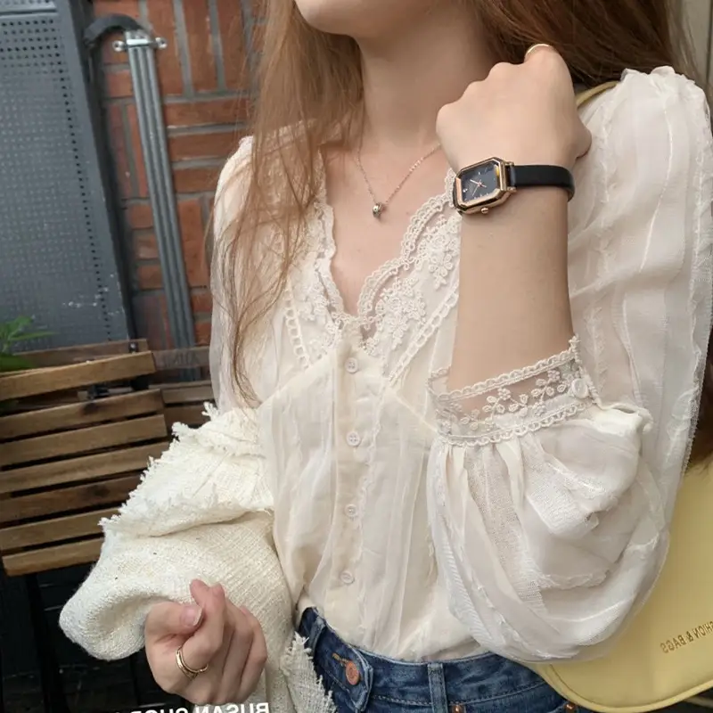 Elegant V-Neck Lace Chiffon Shirt Women - Image 3