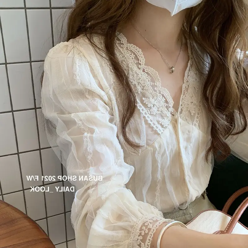 Elegant V-Neck Lace Chiffon Shirt Women - Image 4