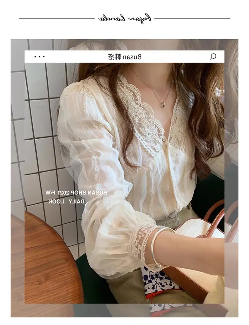 Elegant V-Neck Lace Chiffon Shirt Women — feature 1