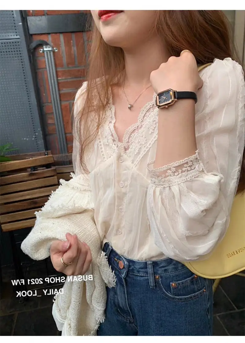 Elegant V-Neck Lace Chiffon Shirt Women — feature 19