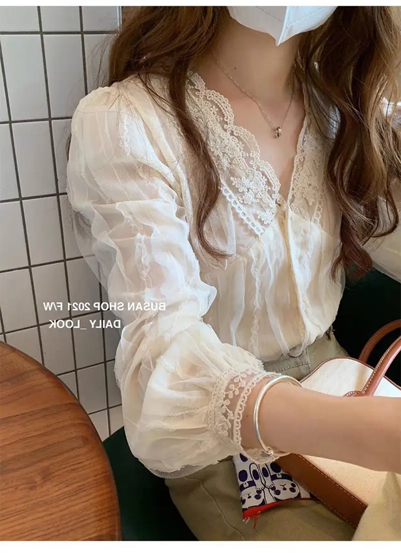 Elegant V-Neck Lace Chiffon Shirt Women — feature 3
