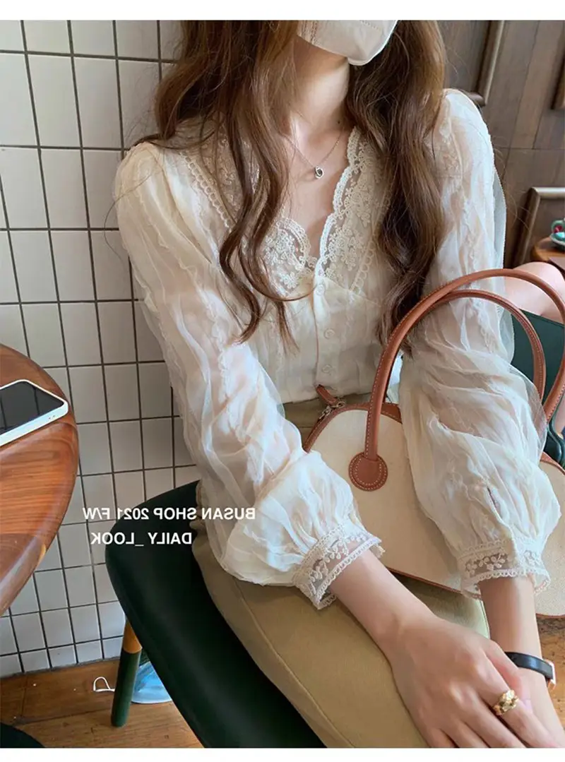 Elegant V-Neck Lace Chiffon Shirt Women — feature 4