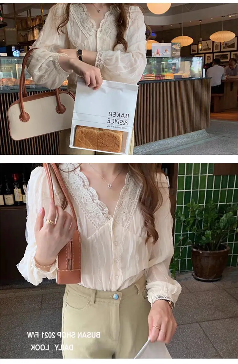 Elegant V-Neck Lace Chiffon Shirt Women — feature 7