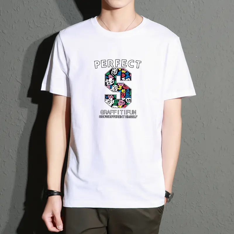 Men Printed T-Shirt White Slim Fit Large - Image 5