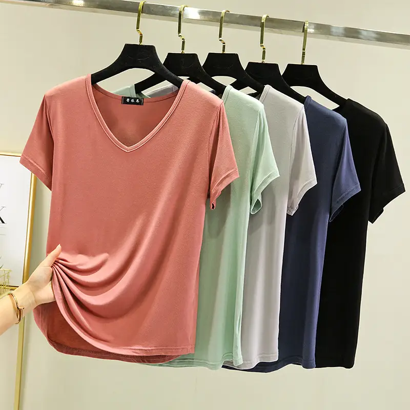Women Black V-neck T-shirt Slim Fit Loose Summer - Image 53