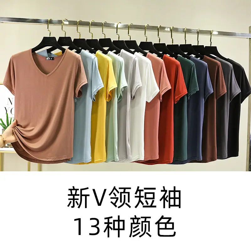 Women Black V-neck T-shirt Slim Fit Loose Summer - Image 54
