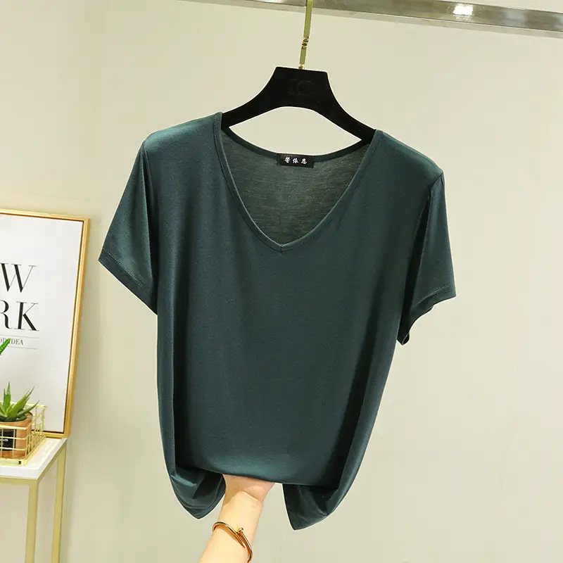 Women Black V-neck T-shirt Slim Fit Loose Summer - Image 55