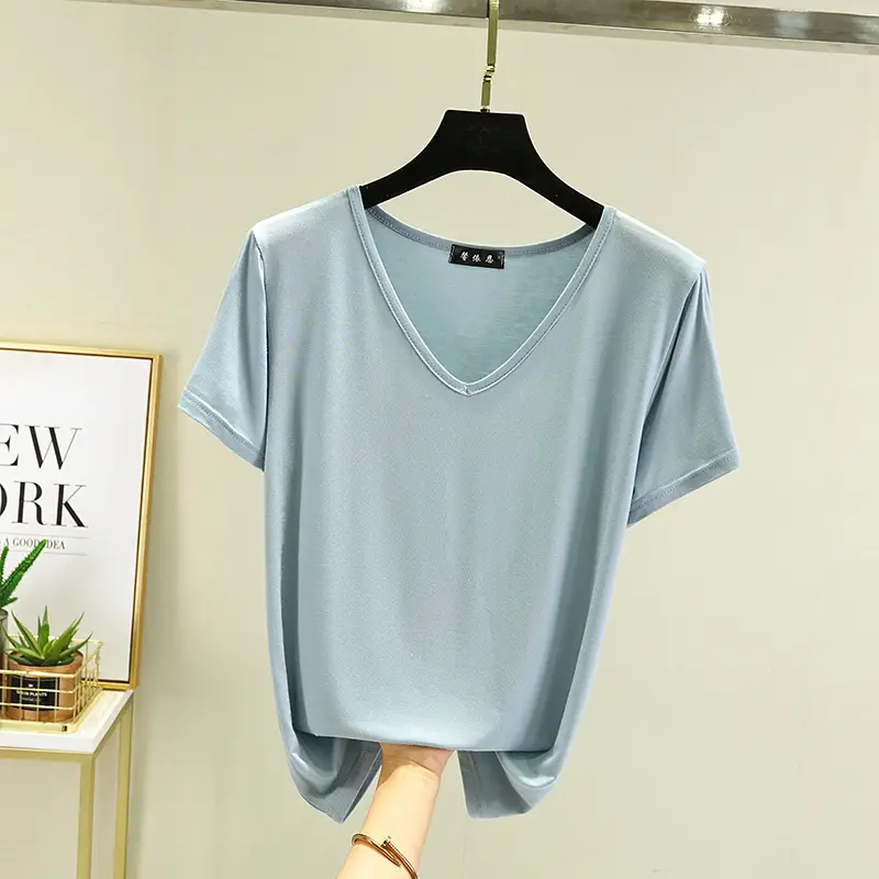 Women Black V-neck T-shirt Slim Fit Loose Summer - Image 56