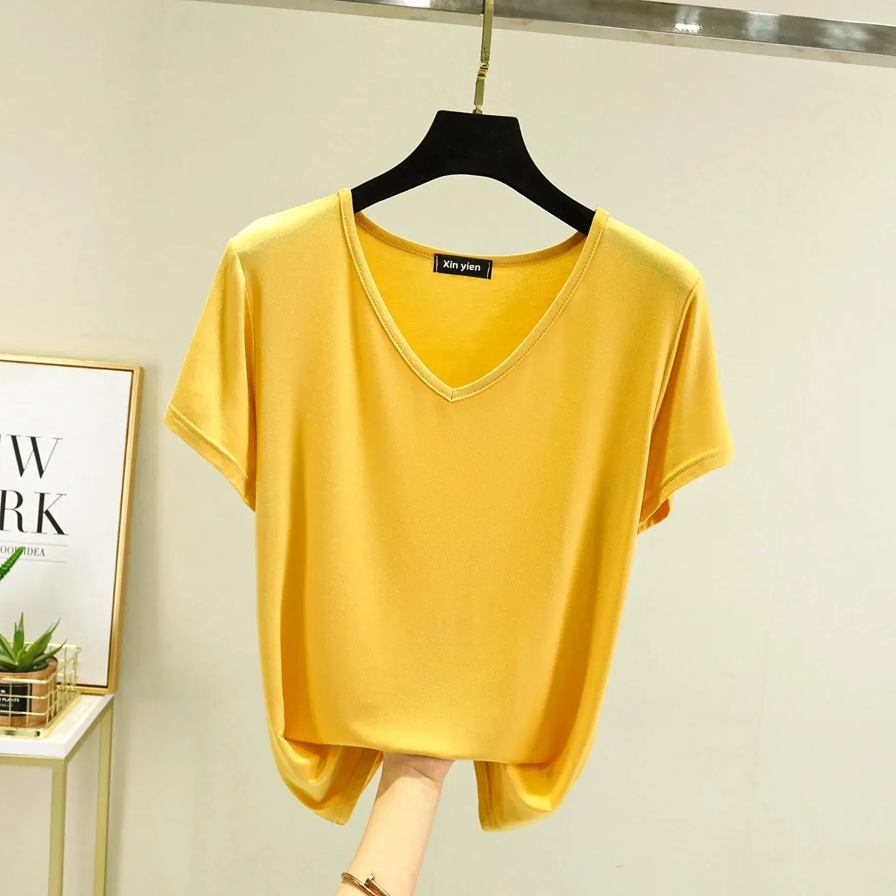 Women Black V-neck T-shirt Slim Fit Loose Summer - Image 12