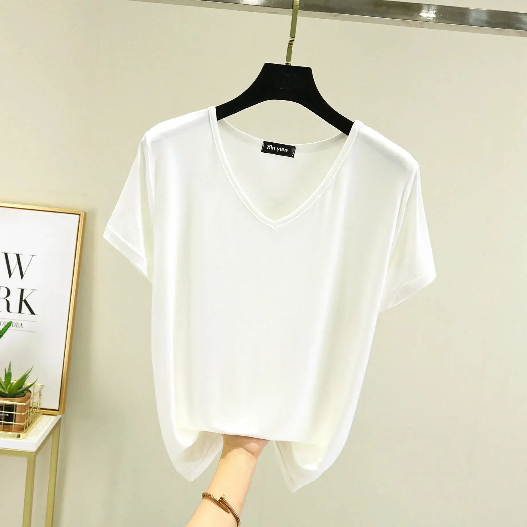 Women Black V-neck T-shirt Slim Fit Loose Summer - Image 15