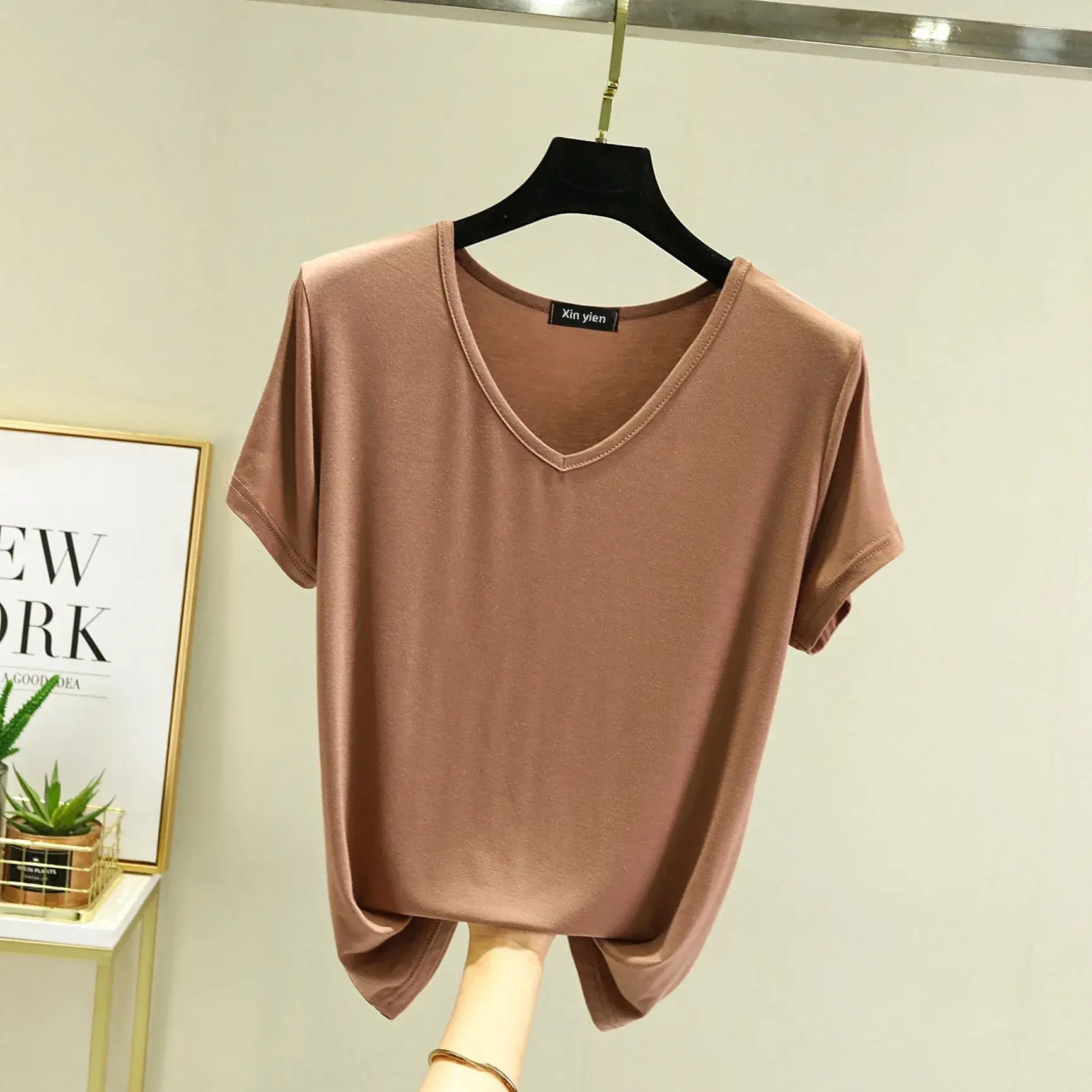 Women Black V-neck T-shirt Slim Fit Loose Summer - Image 19