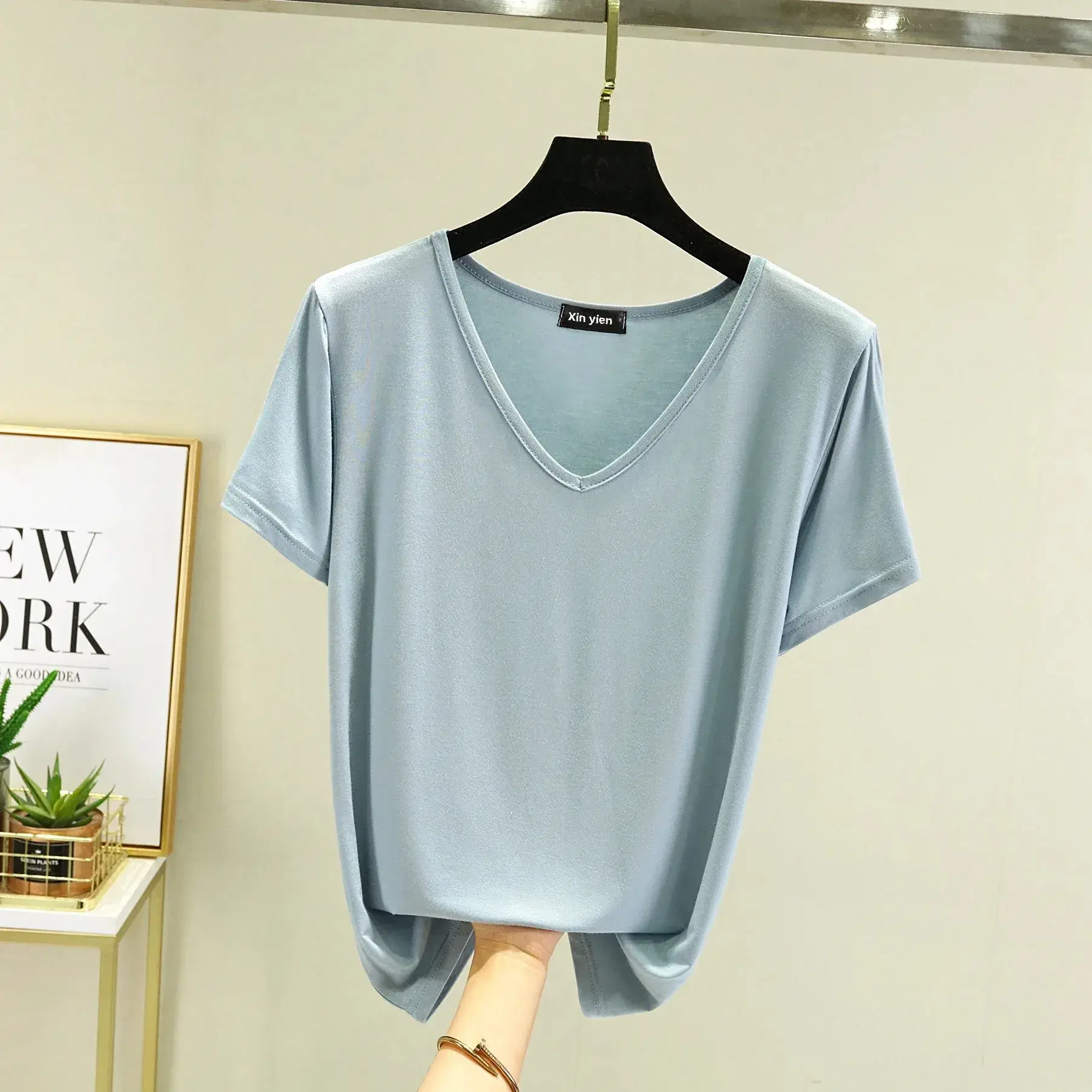 Women Black V-neck T-shirt Slim Fit Loose Summer - Image 21