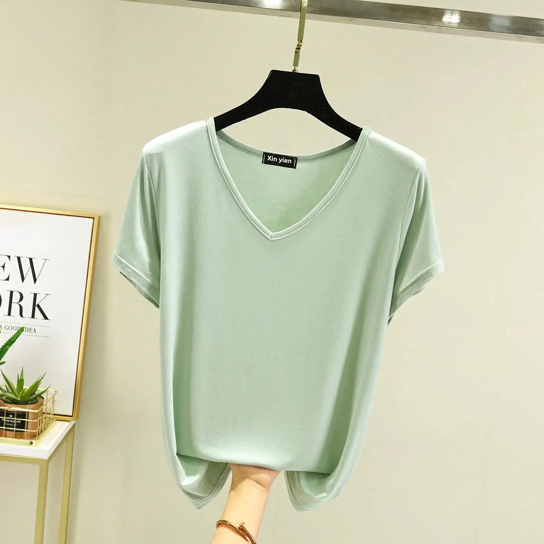 Women Black V-neck T-shirt Slim Fit Loose Summer - Image 26
