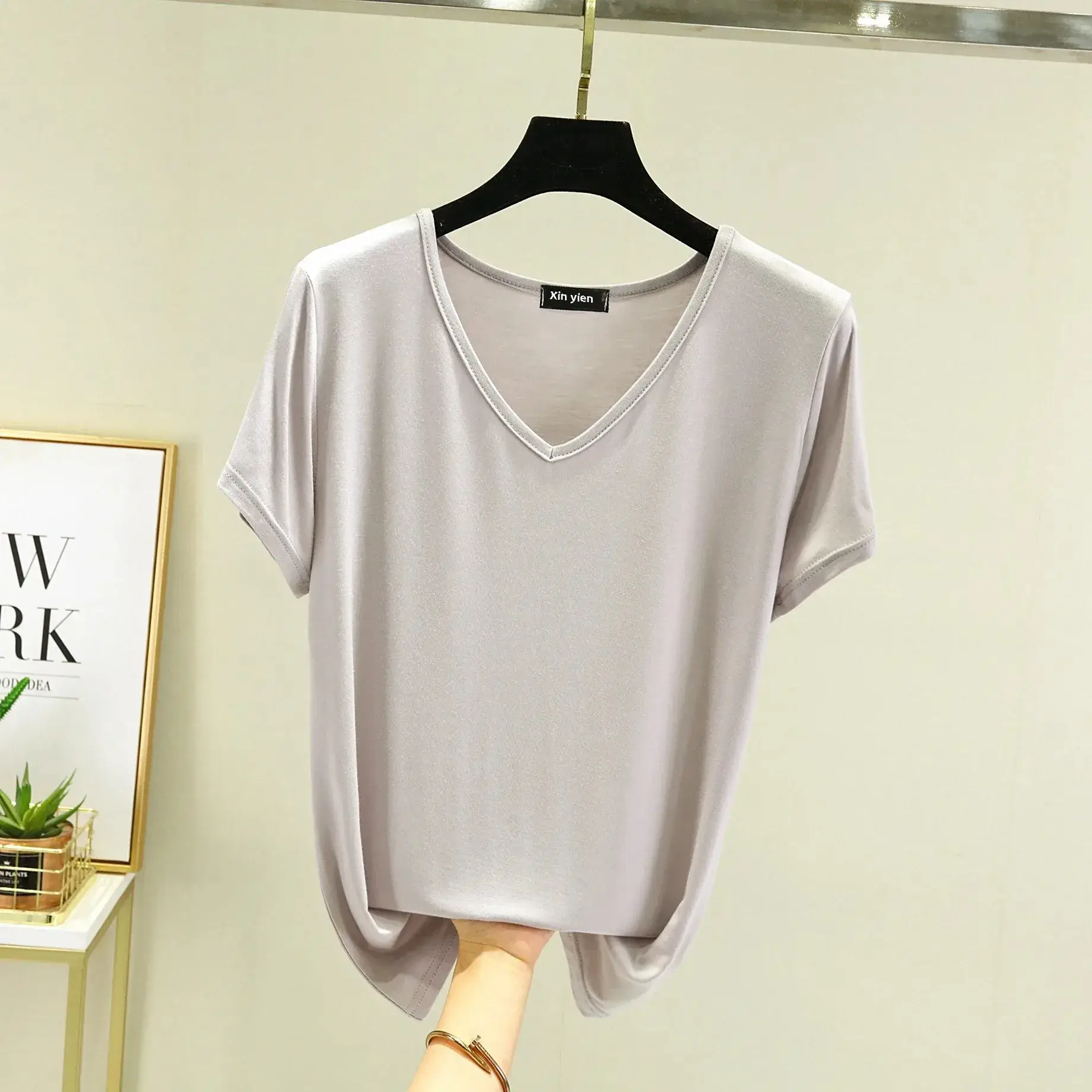 Women Black V-neck T-shirt Slim Fit Loose Summer - Image 29