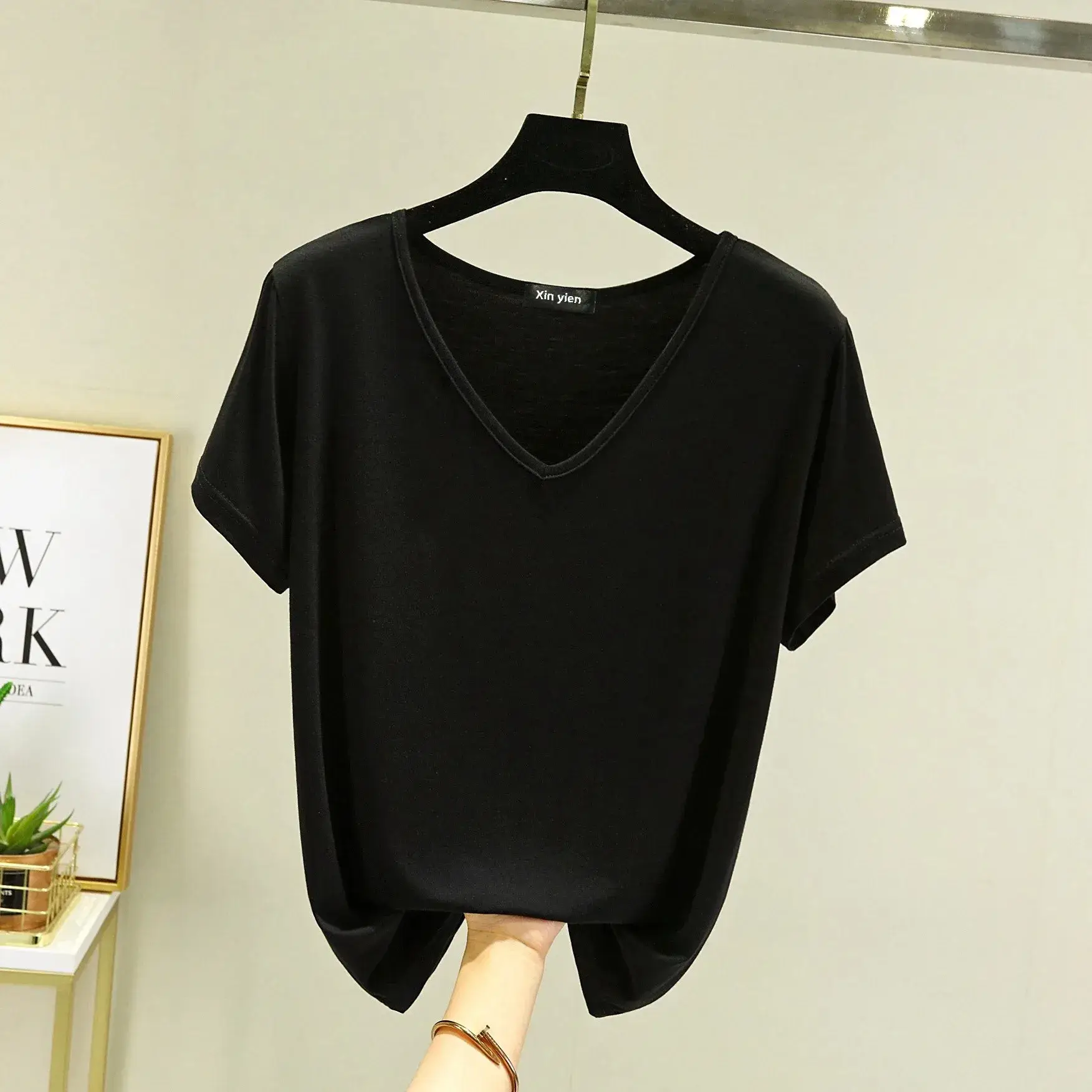 Women Black V-neck T-shirt Slim Fit Loose Summer - Image 3