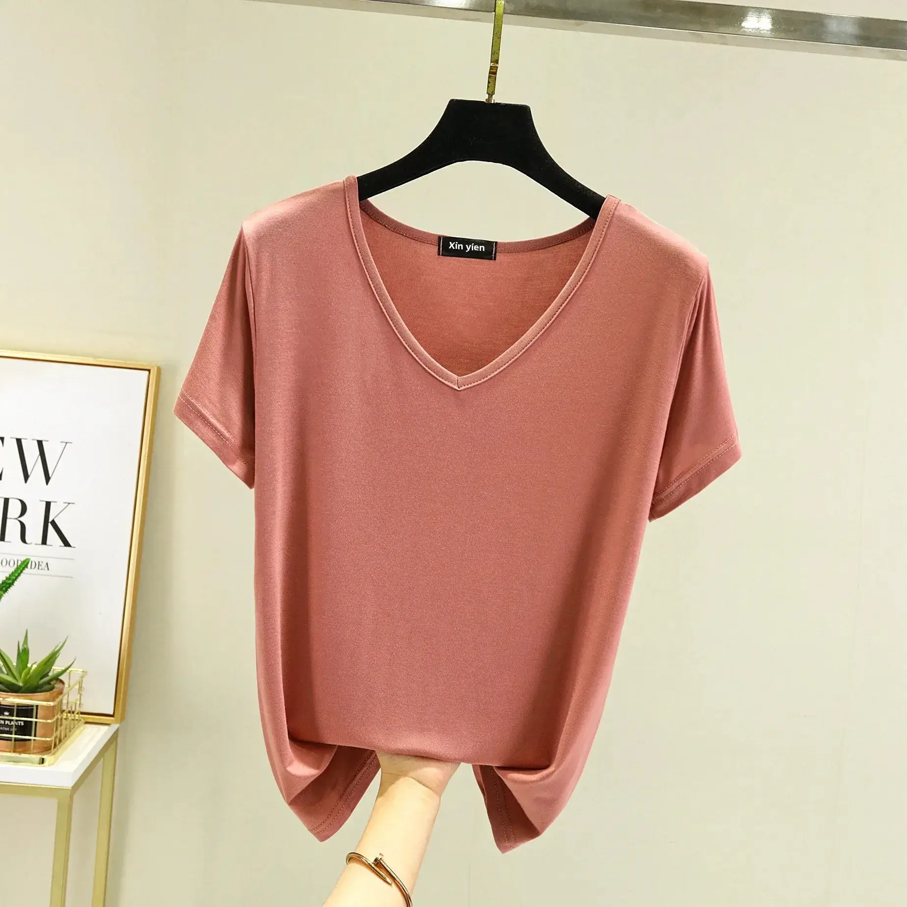 Women Black V-neck T-shirt Slim Fit Loose Summer - Image 36