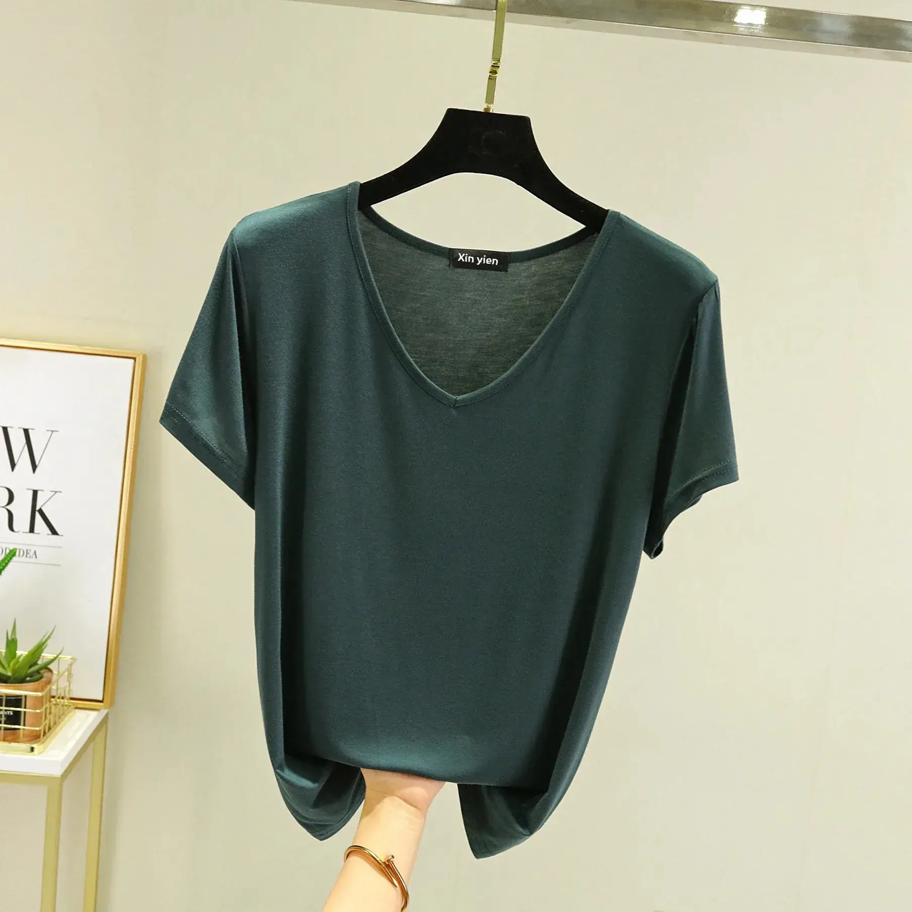Women Black V-neck T-shirt Slim Fit Loose Summer - Image 39