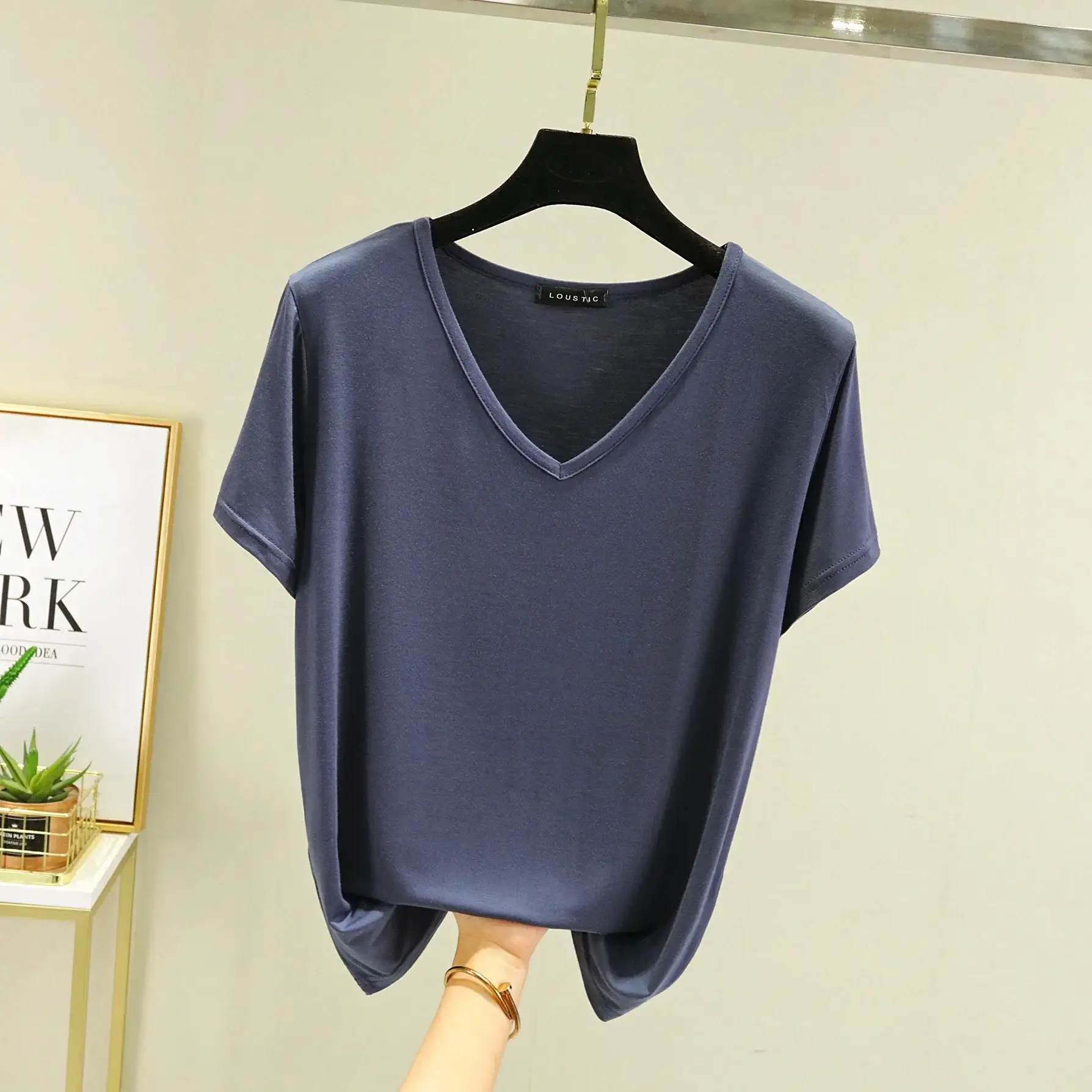 Women Black V-neck T-shirt Slim Fit Loose Summer - Image 42