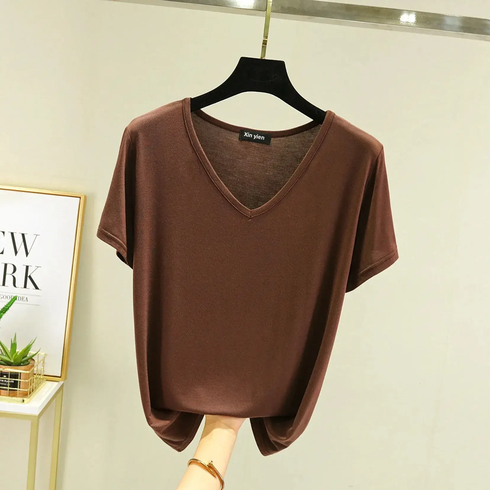 Women Black V-neck T-shirt Slim Fit Loose Summer - Image 48