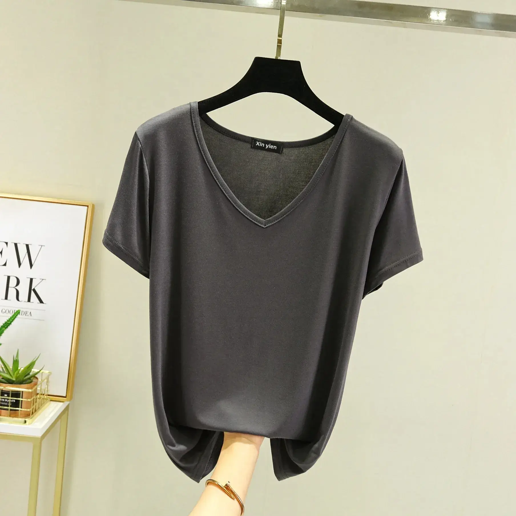 Women Black V-neck T-shirt Slim Fit Loose Summer - Image 51