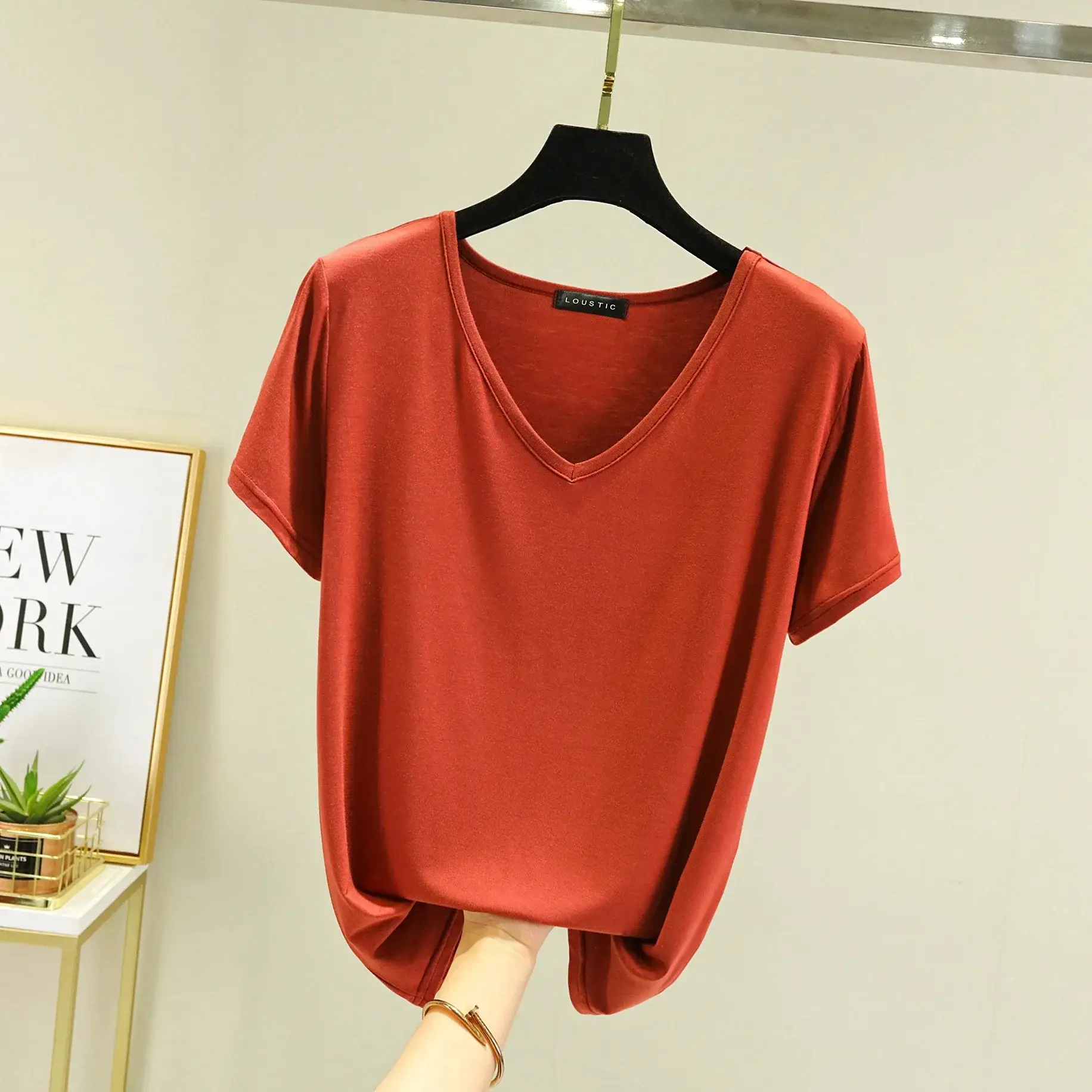 Women Black V-neck T-shirt Slim Fit Loose Summer - Image 6