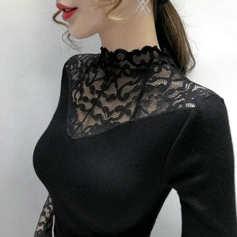 Black Lace Long Sleeve Turtle Collar Top - Image 4