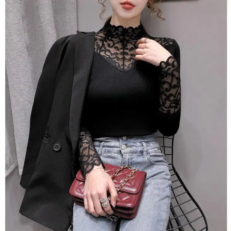 Black Lace Long Sleeve Turtle Collar Top - Image 6