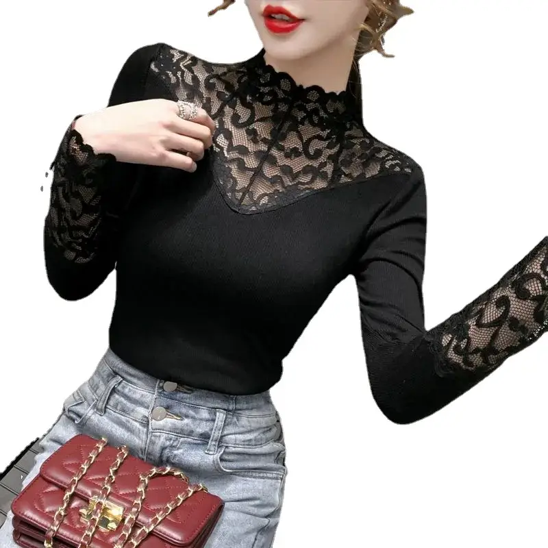 Black Lace Long Sleeve Turtle Collar Top - Image 7