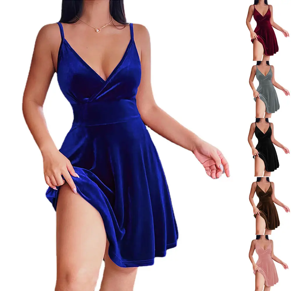 Blue Velvet High-Waisted V Neck Skirt Dress - Image 8