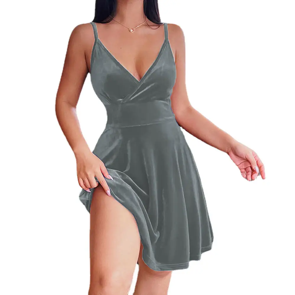 Blue Velvet High-Waisted V Neck Skirt Dress - Image 4