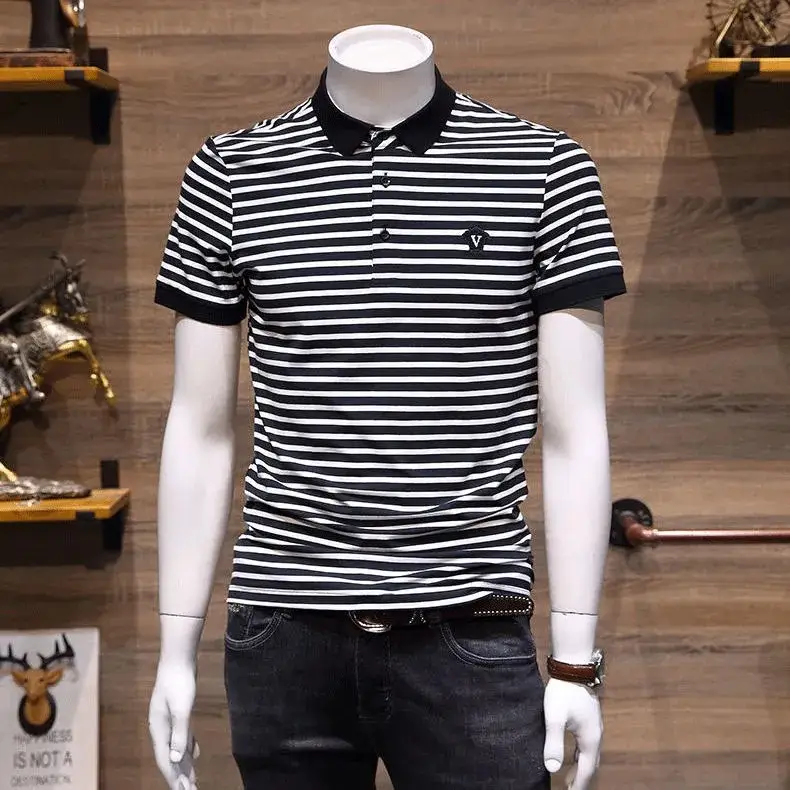 Men's Striped Polo Shirt Black White Slim Fit - Image 2