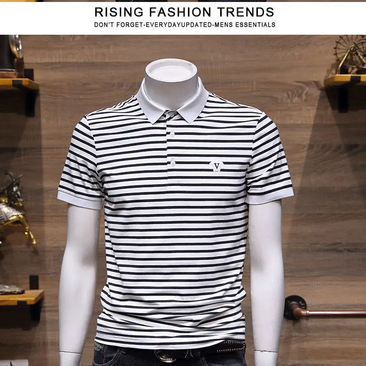 Men's Striped Polo Shirt Black White Slim Fit - Image 4