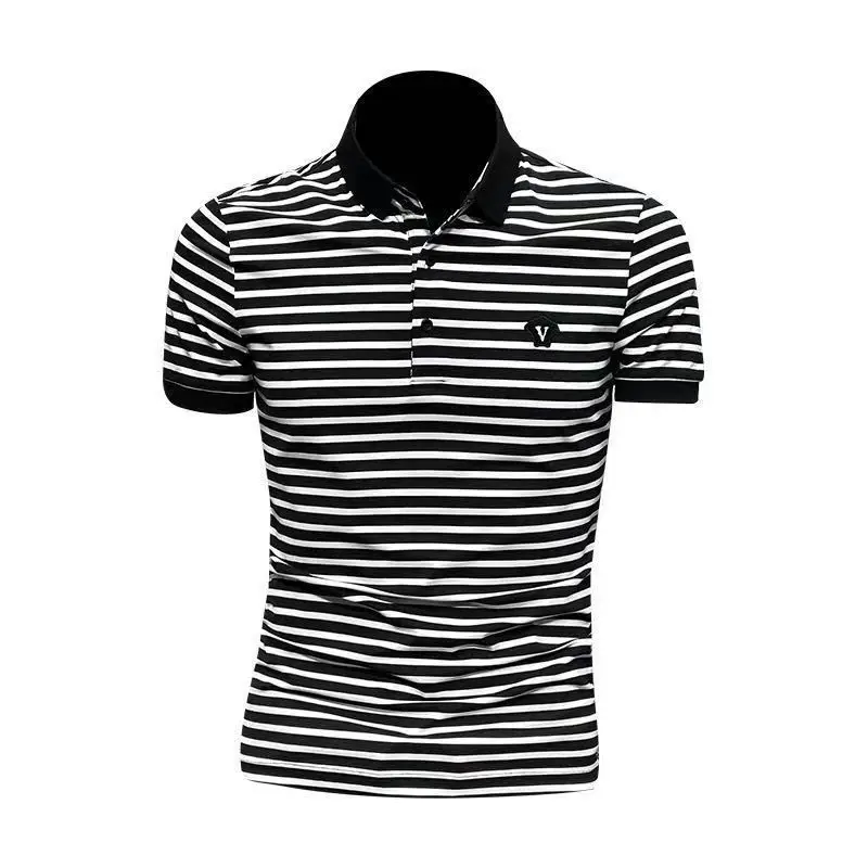 Men's Striped Polo Shirt Black White Slim Fit - Image 5