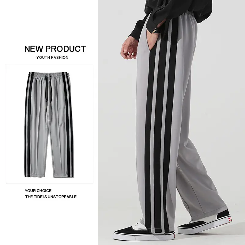 2025 Men's Grey 3-Stripes Straight Leg Pants