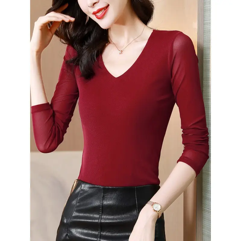 Women V-Neck Mesh T-Shirt Grey Early Spring