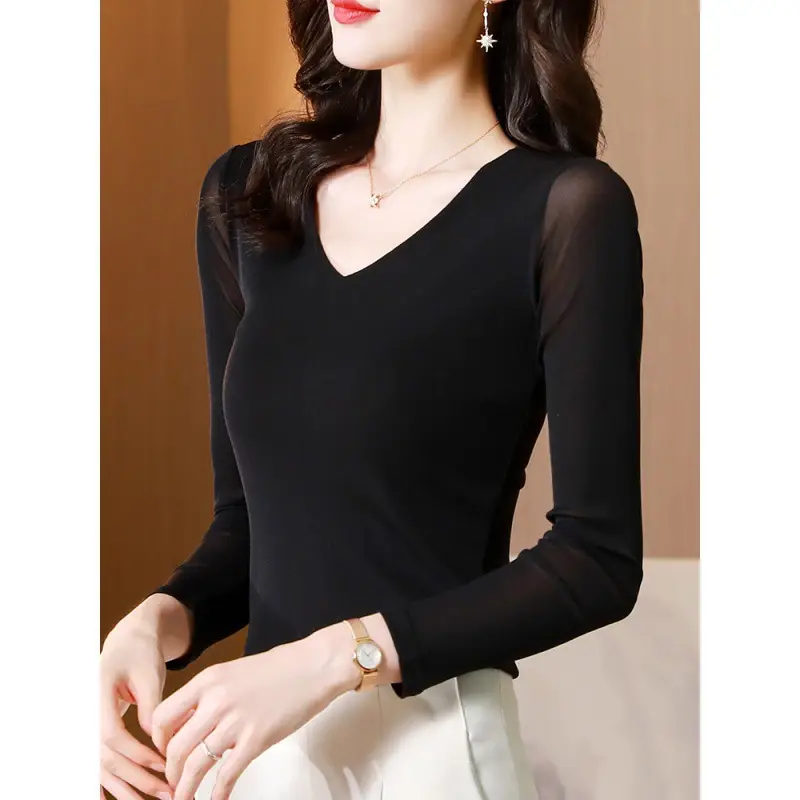 Women V-Neck Mesh T-Shirt Grey Early Spring