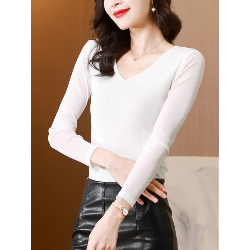 Women V-Neck Mesh T-Shirt Grey Early Spring