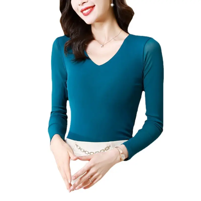 Women V-Neck Mesh T-Shirt Grey Early Spring