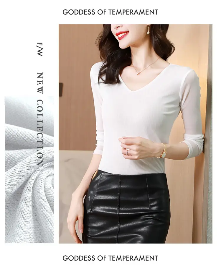 Women V-Neck Mesh T-Shirt Grey Early Spring — feature 10