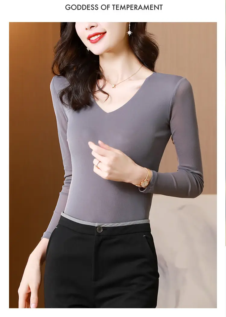 Women V-Neck Mesh T-Shirt Grey Early Spring — feature 12